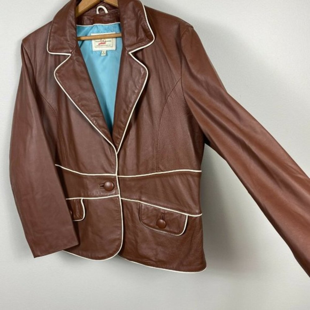 Wilsons Leather Jacket L Womens Retro V-Neck 1-Button Pockets Brown White Piping - Picture 5 of 10